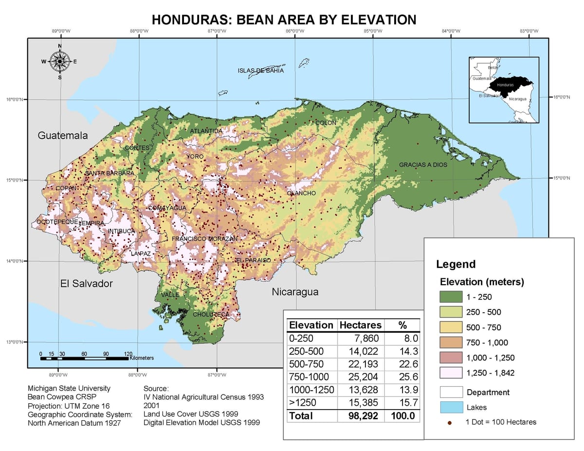 ਨਕਸ਼ਾ ਦੇ Honduras ਉਚਾਈ