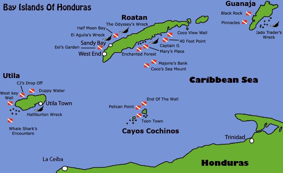 ਟਾਪੂ Honduras ਦੇ ਨਕਸ਼ਾ